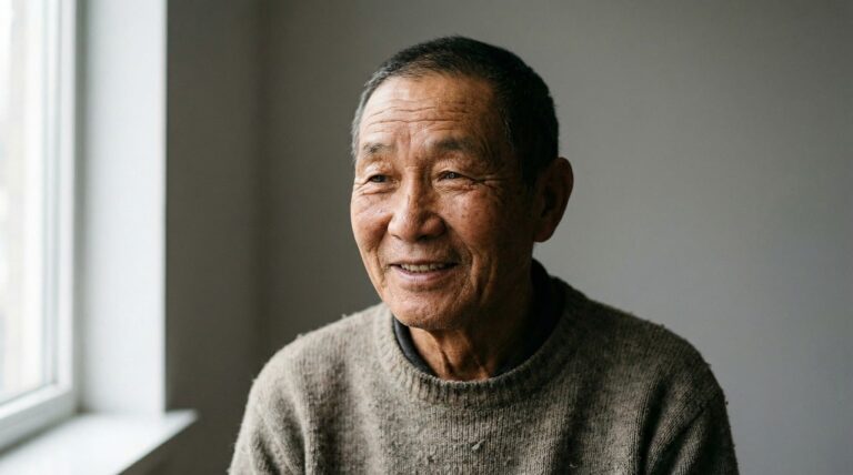 A person standing calmly in a brightly lit, simple room without distractions