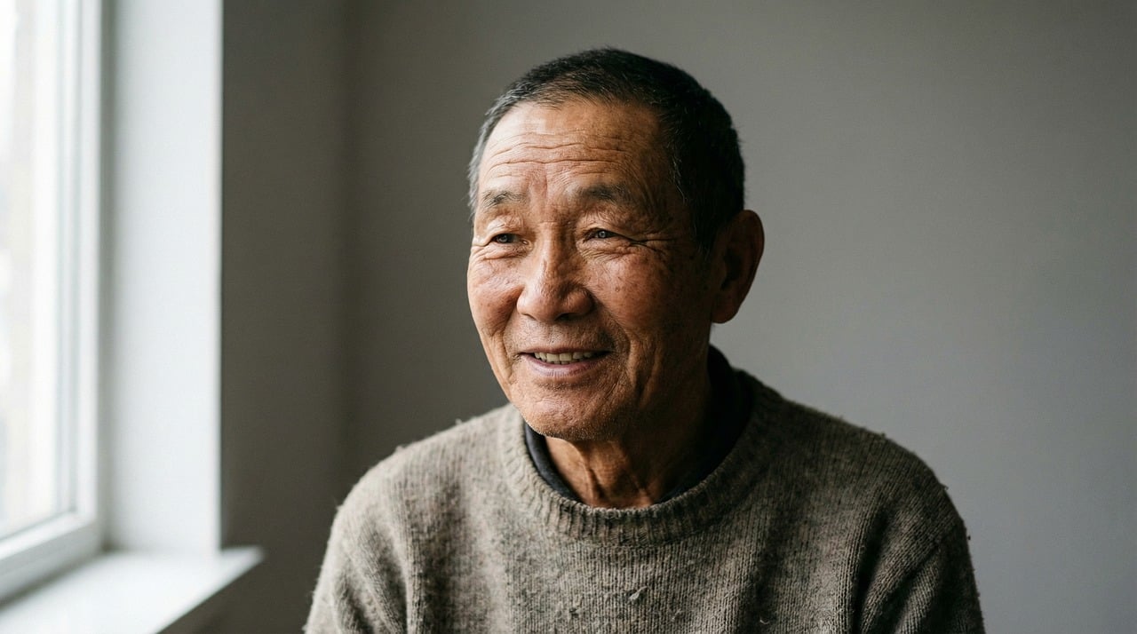A person standing calmly in a brightly lit, simple room without distractions